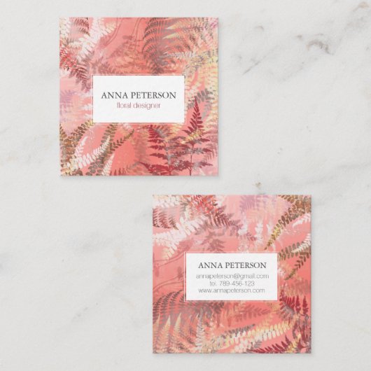 Elegant Gold Coral Pink Fern Leaves Vierkante Visitekaartje (Voorkant / Achterkant)