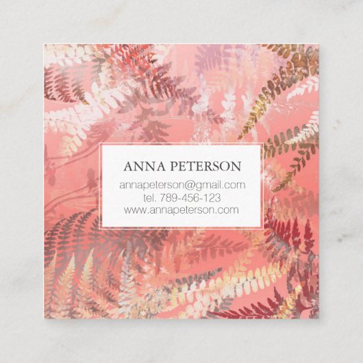 Elegant Gold Coral Pink Fern Leaves Vierkante Visitekaartje (Achterkant)