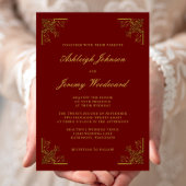 Elegant  Gold Corners Burgundy Wedding Kaart