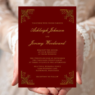 Elegant  Gold Corners Burgundy Wedding Kaart