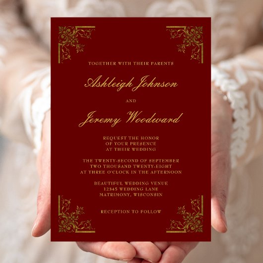 Elegant  Gold Corners Burgundy Wedding Kaart