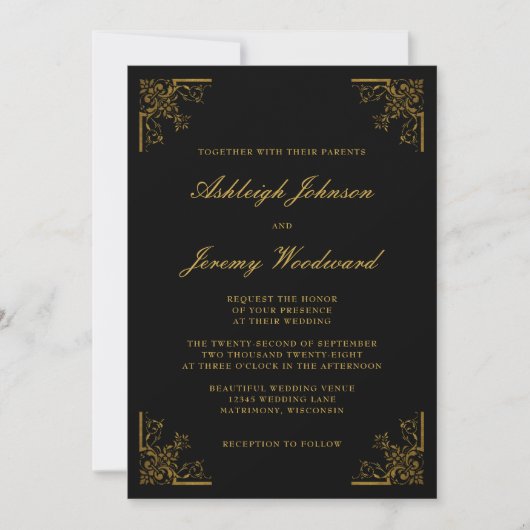 Elegant  Gold Corners Script Black Weduwschap Kaart (Voorkant)