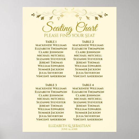 Elegant Gold & Cream 4-tabel weddenschapenkaart Poster (Voorkant)
