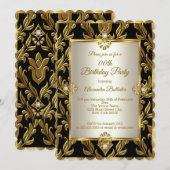 Elegant Gold Cream Damask Black Birthday Party Kaart (Voorkant / Achterkant)