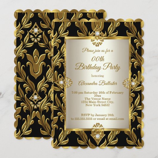 Elegant Gold Cream Damask Black Birthday Party Kaart (Voorkant / Achterkant)