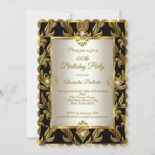 Elegant Gold Cream Damask Black Birthday Party Kaart (Voorkant)