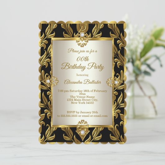 Elegant Gold Cream Damask Black Birthday Party Kaart (Staand voorkant)