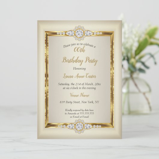 Elegant Gold Cream Diamond Birthday Party Kaart (Staand voorkant)