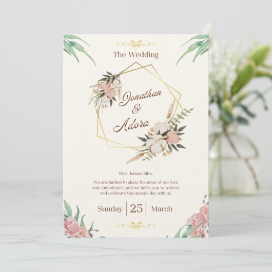 Elegant Gold & Cream Minimalist Wedding Invitation Kaart (Staand voorkant)