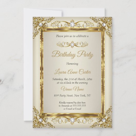 Elegant Gold Cream Pearl Damask Birthday Party Kaart (Voorkant)