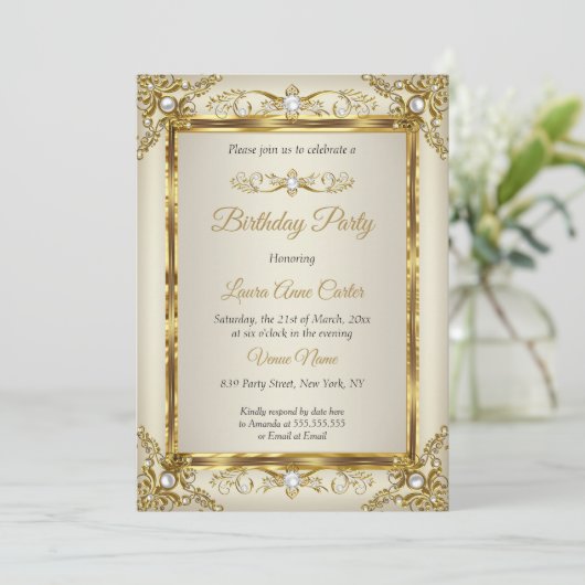 Elegant Gold Cream Pearl Damask Birthday Party Kaart (Staand voorkant)