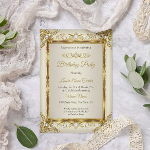 Elegant Gold Cream Pearl Damask Birthday Party Kaart