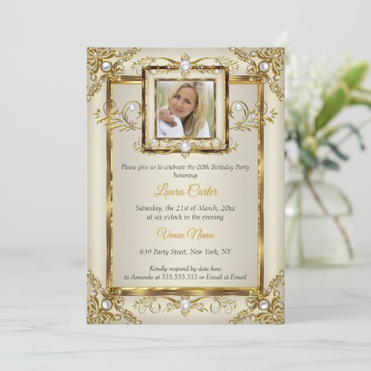 Elegant Gold Cream Pearl Damask Foto van zaterdag Kaart (Staand voorkant)