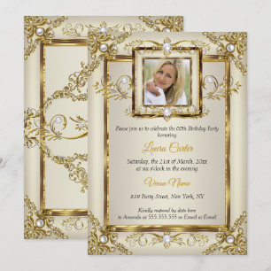 Elegant Gold Cream Pearl Damask Foto van zaterdag Kaart
