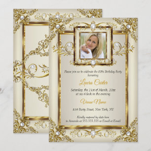 Elegant Gold Cream Pearl Damask Foto van zaterdag Kaart