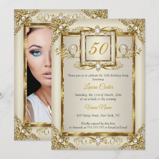 Elegant Gold Cream Pearl Foto Birthday party Kaart (Voorkant / Achterkant)