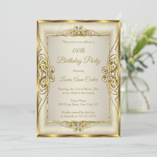 Elegant Gold Cream Pearl Foto van Birthday Party Kaart (Staand voorkant)