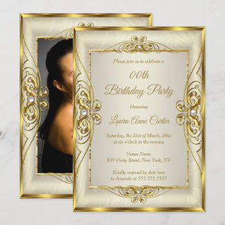 Elegant Gold Cream Pearl Foto van Birthday Party Kaart