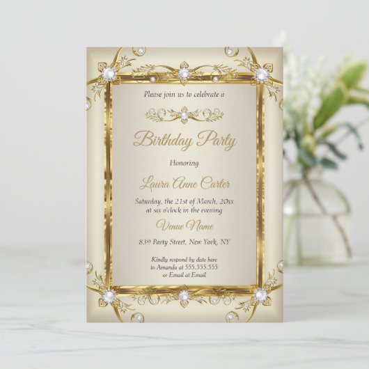Elegant Gold Cream Pearl Foto van Birthday Party Kaart (Staand voorkant)