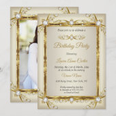 Elegant Gold Cream Pearl Foto van Birthday Party Kaart (Voorkant / Achterkant)