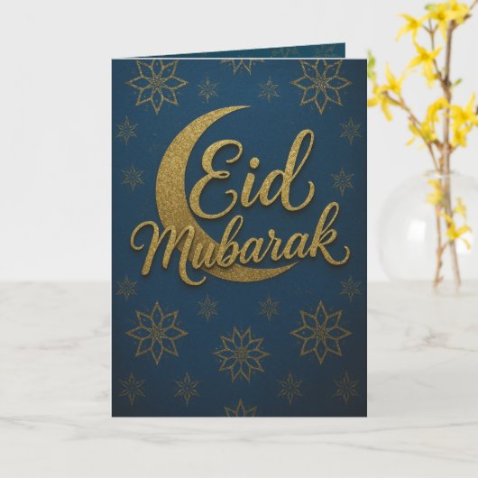 Elegant Gold Crescent Moon Eid Mubarak Greeting Kaart (Gele Bloem)