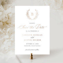 Elegant Gold Crest Leaf Monogram Save the Date