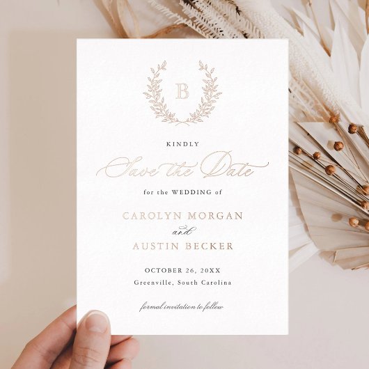 Elegant Gold Crest Leaf Monogram Save the Date Folie Uitnodiging