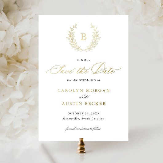 Elegant Gold Crest Leaf Monogram Save the Date Folie Uitnodiging