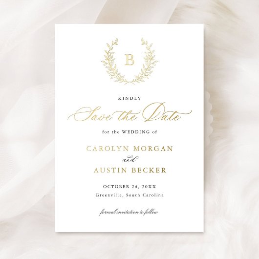 Elegant Gold Crest Leaf Monogram Save the Date Folie Uitnodiging