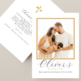 Elegant Gold Cross Baby´s Baptism Photo Script Bedankkaart