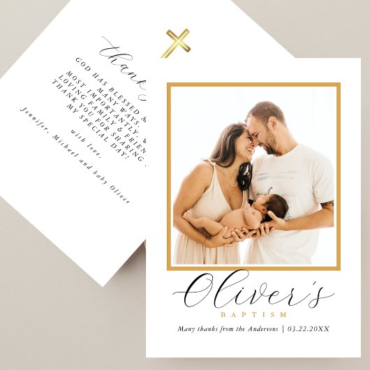 Elegant Gold Cross Baby´s Baptism Photo Script Bedankkaart