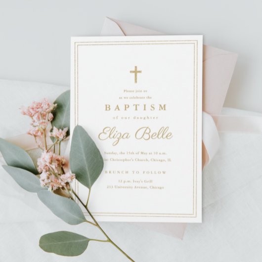 Elegant Gold Cross Baptism & Christening Kaart
