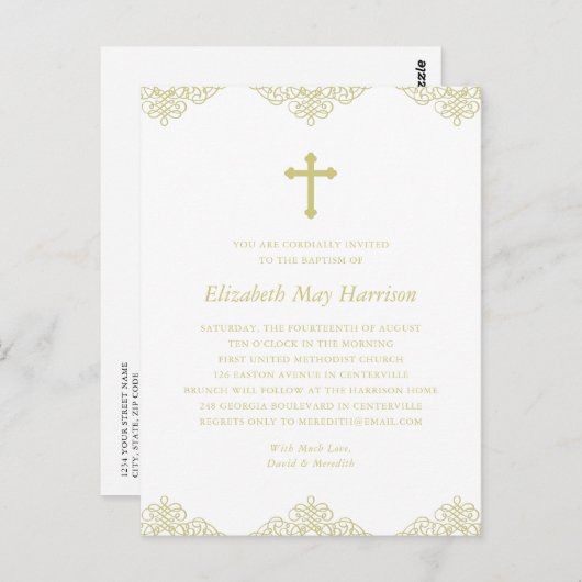 Elegant Gold Cross Baptism/Christening Uitnodiging (Voorkant / Achterkant)