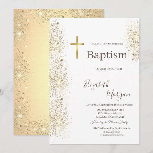 Elegant Gold Cross Baptism Gold Glitter Confetti Kaart (Voorkant / Achterkant)