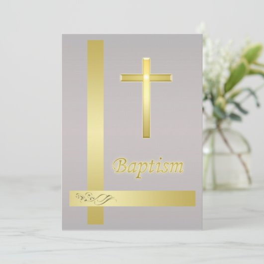 Elegant Gold Cross Baptisme Christening Uitnodigin Kaart (Staand voorkant)