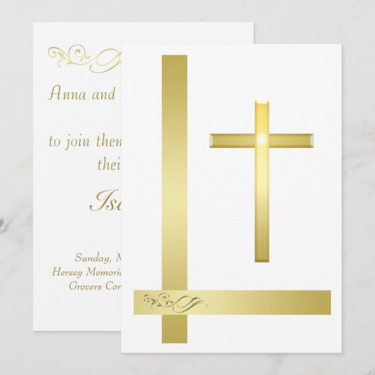 Elegant Gold Cross Baptisme Christening Uitnodigin Kaart (Voorkant / Achterkant)