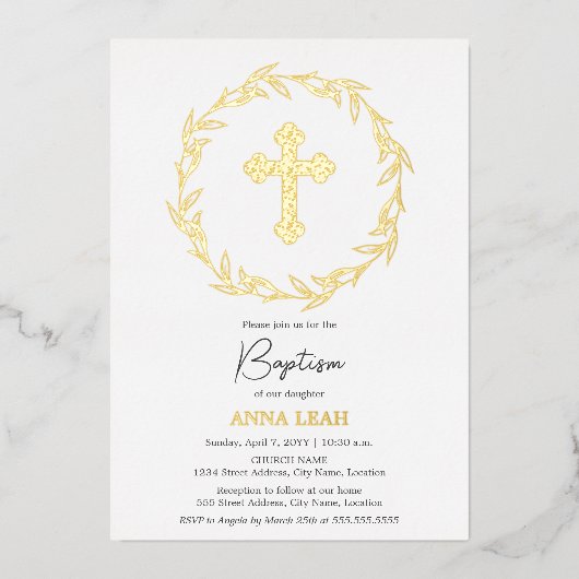 Elegant Gold Cross Baptisme Folie Uitnodiging (Voorkant)