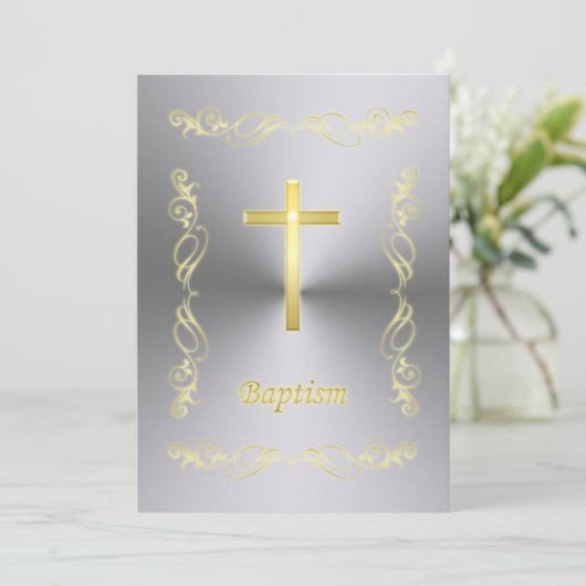 Elegant Gold Cross-Baptisme op metalen achtergrond Kaart (Staand voorkant)