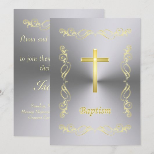 Elegant Gold Cross-Baptisme op metalen achtergrond Kaart (Voorkant / Achterkant)