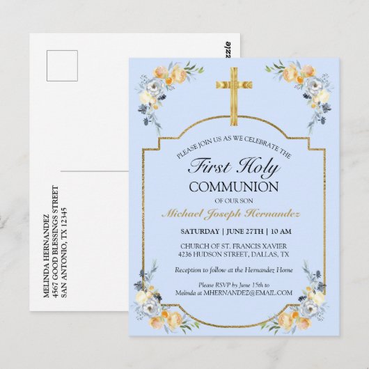 Elegant Gold Cross Blue Floral 1st Heilige Communi Briefkaart (Voorkant / Achterkant)