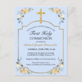 Elegant Gold Cross Blue Floral 1st Heilige Communi Briefkaart (Voorkant)
