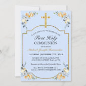 Elegant Gold Cross Blue Floral 1st Heilige Communi Kaart (Voorkant)