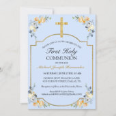 Elegant Gold Cross Blue Floral 1st Heilige Communi Kaart (Voorkant)