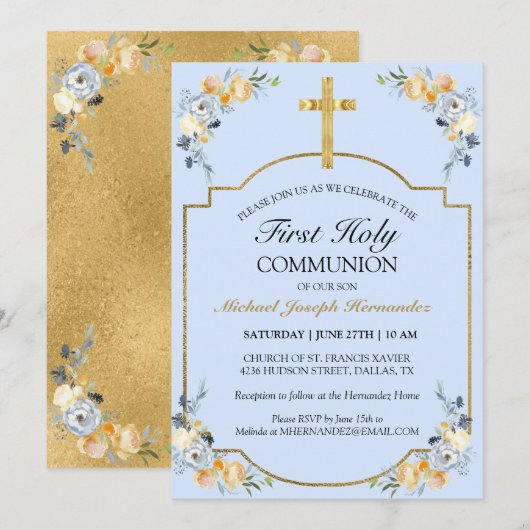 Elegant Gold Cross Blue Floral 1st Heilige Communi Kaart (Voorkant / Achterkant)