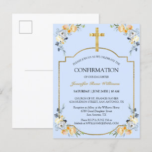 Elegant Gold Cross Blue Floral Bevestiging Invita Uitnodiging Briefkaart
