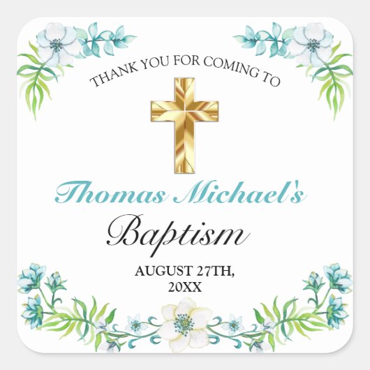 Elegant Gold Cross Boy's Blue Baptism Hartelijk da Vierkante Sticker (Voorkant)