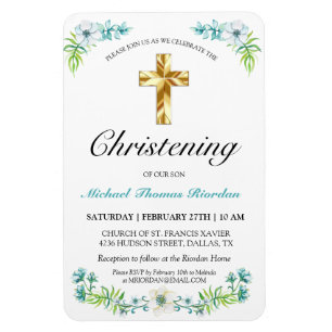 Elegant Gold Cross Boy's Blue Christening Magneet