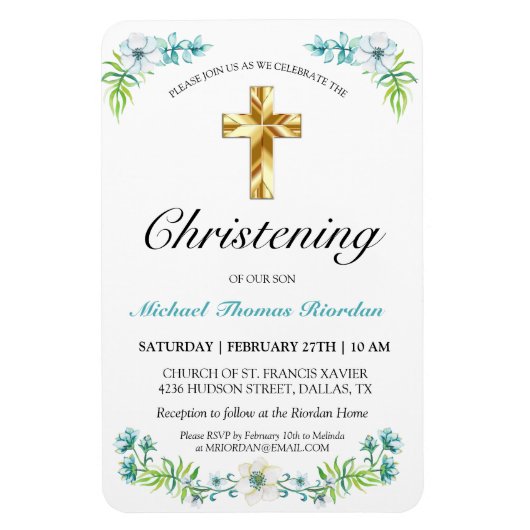 Elegant Gold Cross Boy's Blue Christening Magneet (Verticaal)