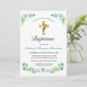 Elegant Gold Cross Boy's Green Baptism Invitation Kaart (Staand voorkant)