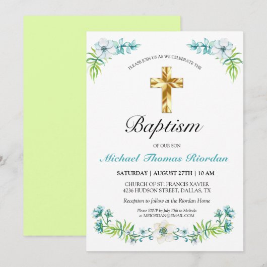 Elegant Gold Cross Boy's Green Baptism Invitation Kaart (Voorkant / Achterkant)